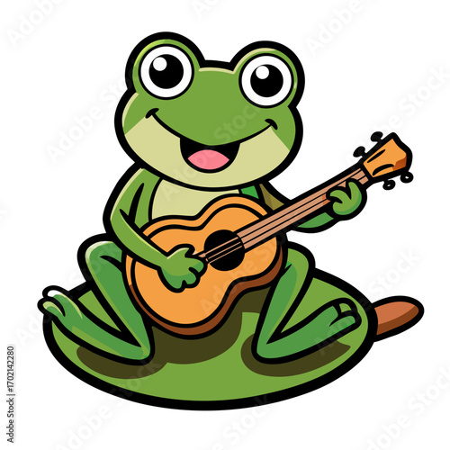 Joyful cartoon frog strumming an acoustic guitar with a big smile, ready for a lively musical performance or fun kids' event