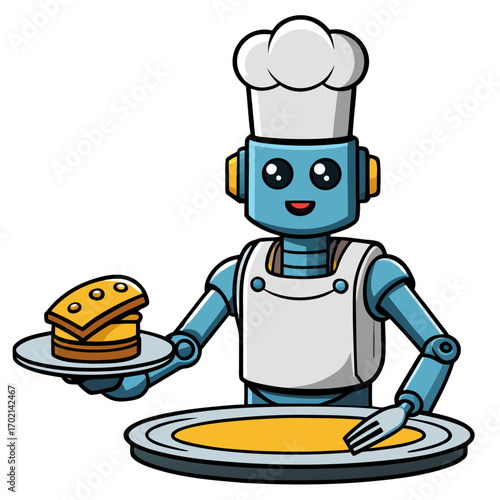 Adorable blue robot chef joyfully presents a delicious stack of sandwiches and a plate of food, ready to serve culinary delights with a smile.