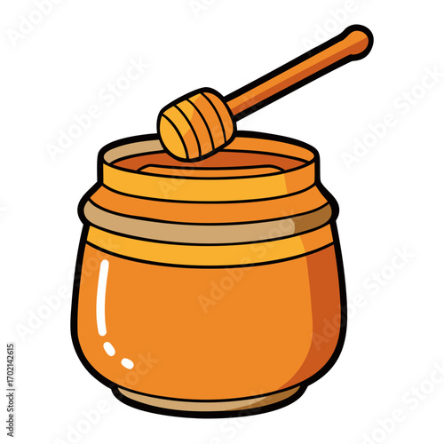 Delicious honey jar with dipper, perfect for food blogs, recipe books, and healthy eating visuals, conveying sweetness and natural goodness.
