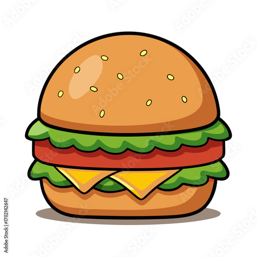 Delicious cartoon burger with fresh ingredients, perfect for food blogs, restaurant menus, and culinary projects, a classic fast food icon.