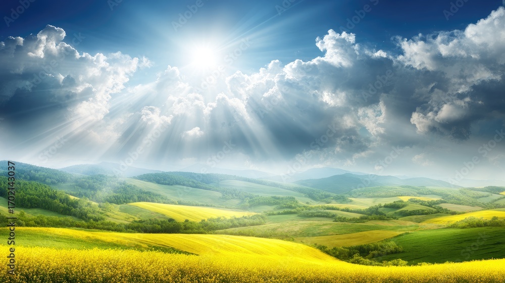 Obraz premium A vibrant, sunlit landscape with rolling hills, lush green fields, and a bright yellow flower bed under a blue sky with white clouds.