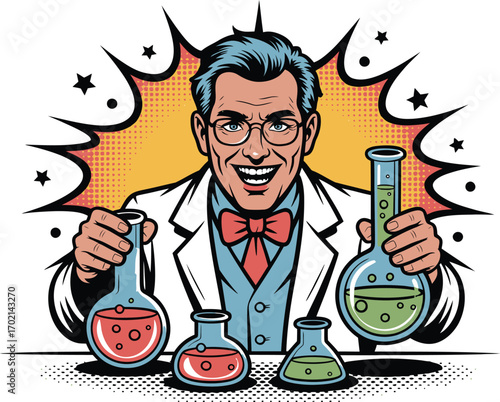 Man in lab coat holding beakers with colorful liquids
