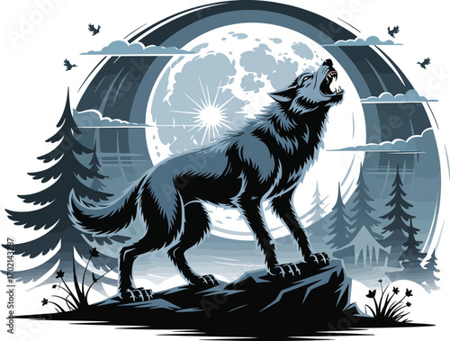 Wolf howling at full moon in a dark forest night