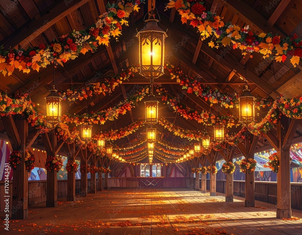 Obraz premium An enchanting wooden covered bridge illuminated by glowing lanterns and adorned with festive autumn garlands