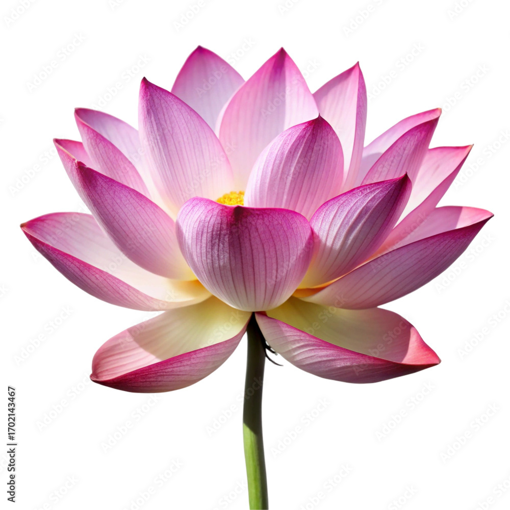 Fototapeta premium Pink and transparent background . white lotus flower with yellow center and green stem on black background nelumbo blossom