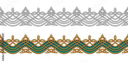 Celtic knot weave design. Luxury ornate  border decoration with golden waves. Seamless pattern. Color and black and white template. Print for fabric, embroidery, carpet, wallpaper. Hand drawn vector