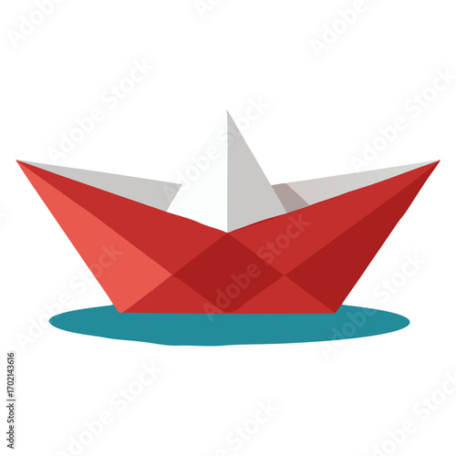 Geometric Origami Paper Boat Floating on Water in Vector Style.