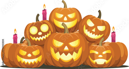 Pile of glowing carved Halloween pumpkins with pink candles
