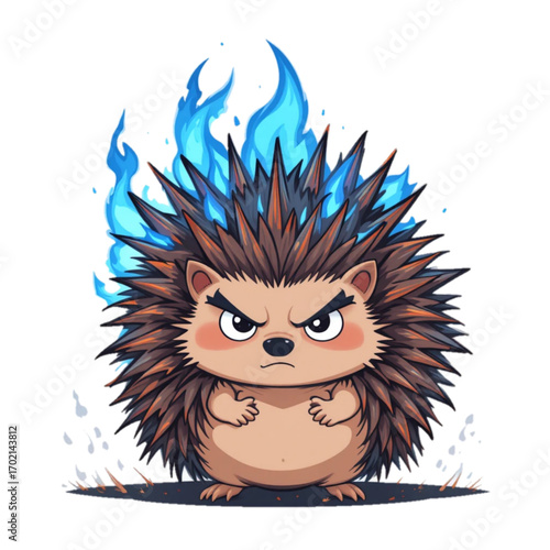 Flat colored hedgehog illustration with quills glowing blue flames