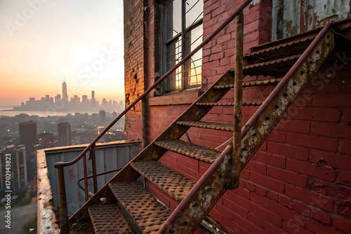 Urban Landscape View from Rooftop with Rusty Fire Escape and City Skyline during golden hour sunrise