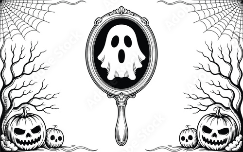 Spooky ghost in ornate mirror surrounded by jack o lanterns and spiderwebs