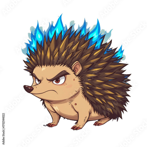Flat colored hedgehog illustration with quills glowing blue flames