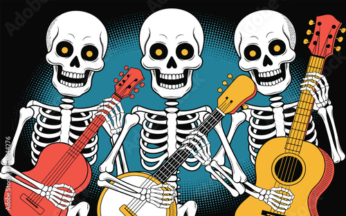 Three skeletons playing guitars and banjo music