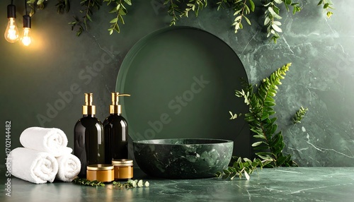 Green spa scene with marble, plants, and products