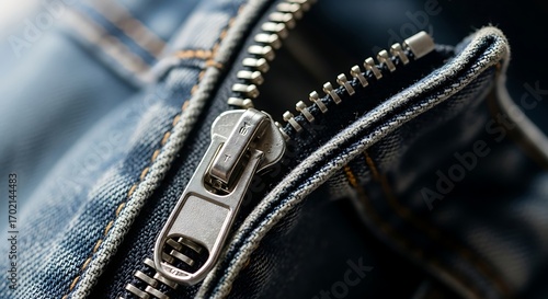Close up of a metal zipper on blue jeans.