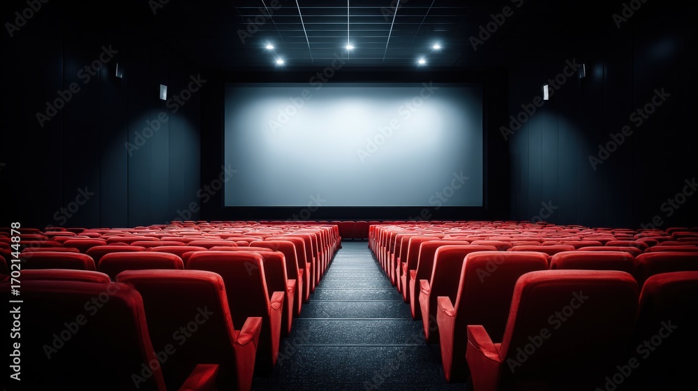Fototapeta premium Empty Movie Theater with Red Seats and a Blank Screen Ready for Presentation