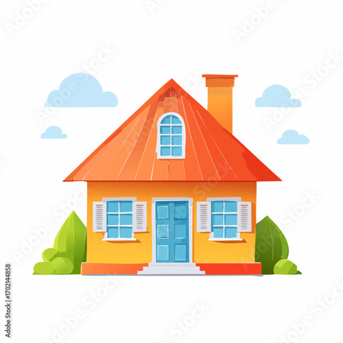 Charming suburban house illustration, isolated on a transparent background, depicting a cozy family home with a vibrant red roof and yellow walls in a clean, flat design