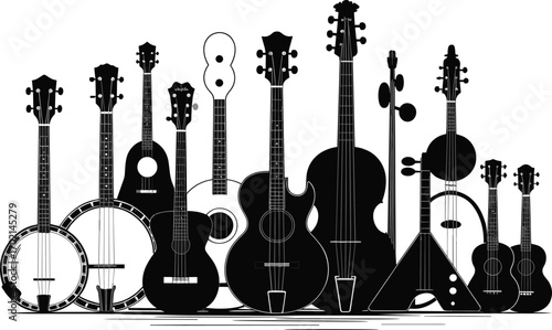 Silhouette collection of string musical instruments, guitars, banjos, violins, ukuleles, vector illustration for music, concert, jazz, and folk design.