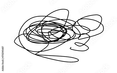 Chaotic scribble doodle, random tangled lines, hand-drawn sketch with black marker on transparent background, vector SVG and PNG