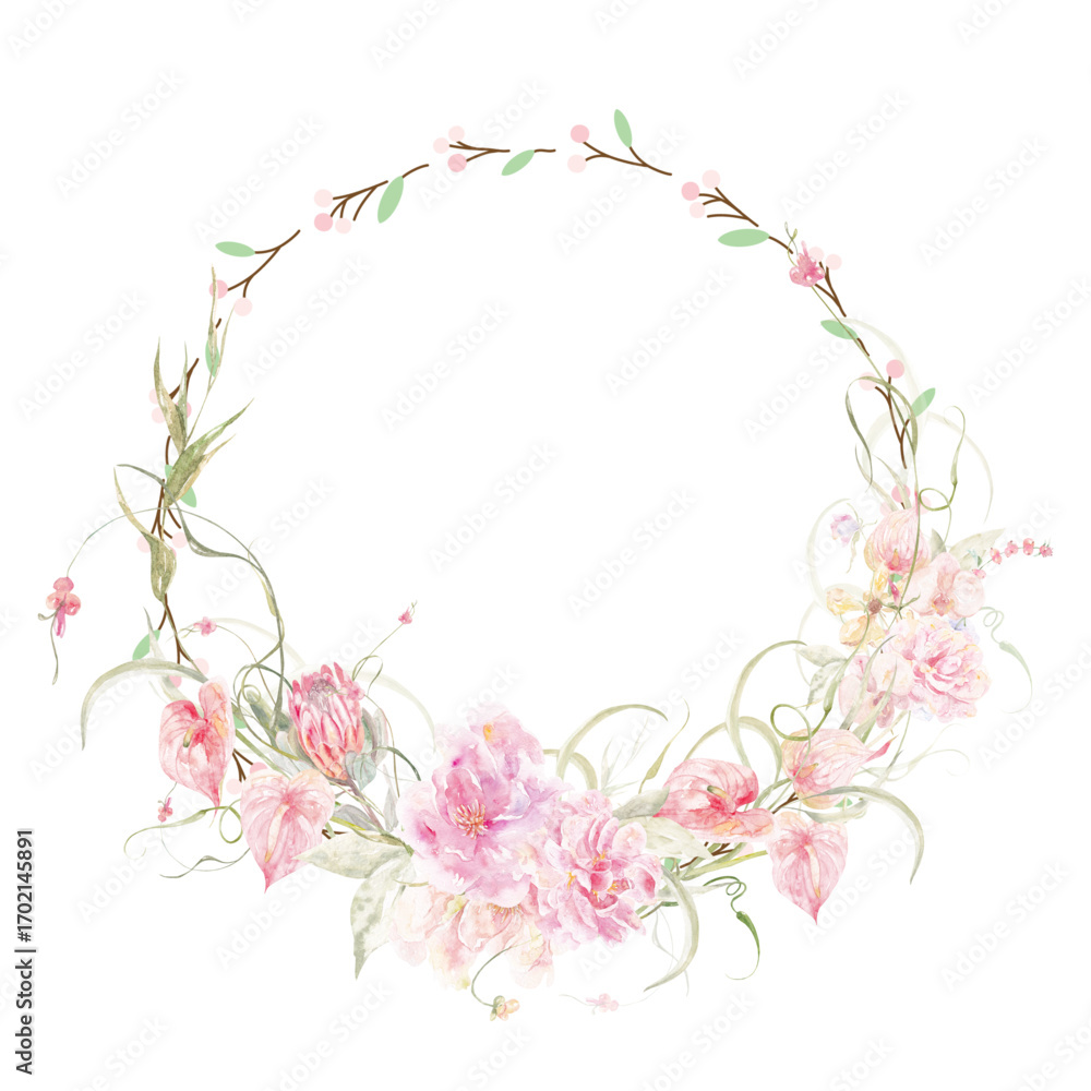 Fototapeta premium Pink Floral Wreath Frame Border