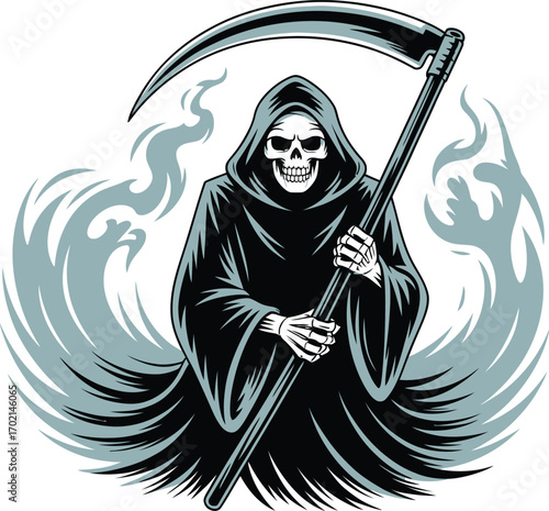 Grim Reaper with Scythe and Swirling Smoke death skeleton