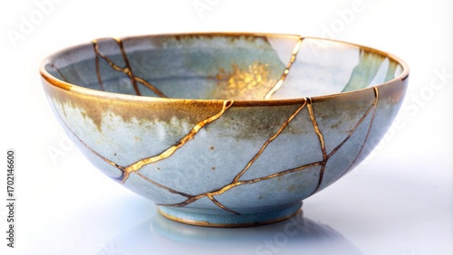 Elegant ceramic bowl with gold cracks, artistic craftsmanship display