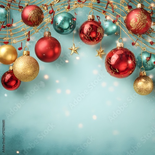 A magical and festive Christmas background featuring red, gold, and teal ornaments hanging above with delicate music notes and glowing stars
