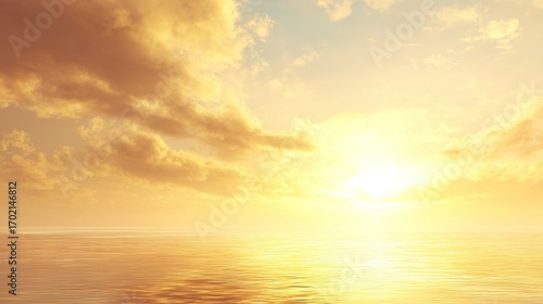 Golden sunrise over calm sea, glowing horizon under large copy space sky, cinematic mood creates warm serene atmosphere ideal for travel, nature or relaxation themes.