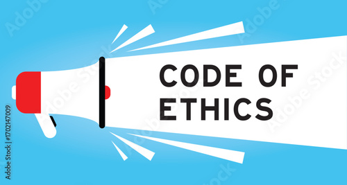 Color megaphone icon with word code of ethics in white banner on blue background