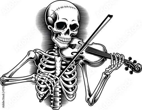 Skeleton playing violin with black and white linework