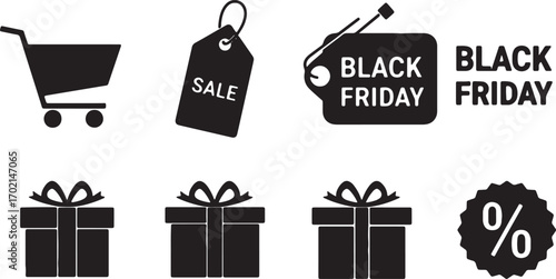 Black friday sale shopping icons gifts discount shopping cart