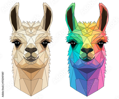 Trendy lama geometric portrait face set. Alpaca rainbow vector illustration. Animal drawing element for print, fabric design, art project, postcard, t-shirt 
