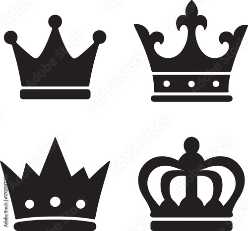 Royal crown icons set majestic symbols of power and royalty