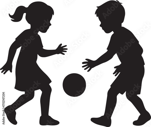 Children silhouette playing soccer game outdoors fun activity