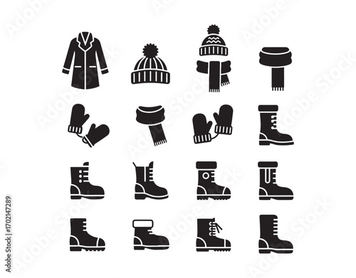 Set of black icons for winter clothing and footwear. Vector