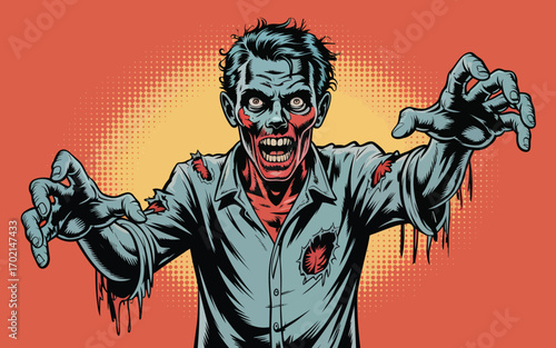 Terrifying zombie with tattered clothes and outstretched arms