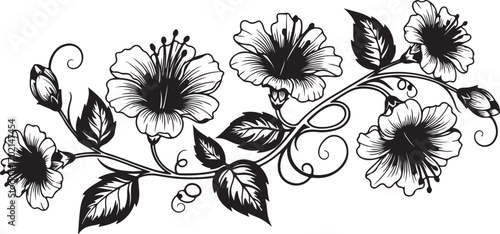 Elegant black and white floral branch with blooming flowers and leaves