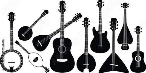 String instruments vector set, guitar, banjo, mandolin, balalaika silhouettes, perfect for music icons, design elements, education, and decor.