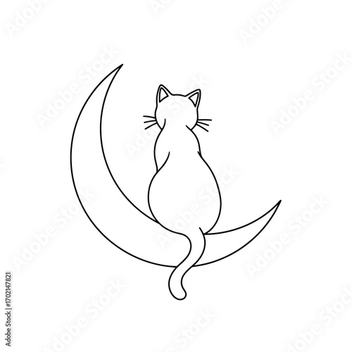 Cat sitting on crescent moon silhouette isolated on white background