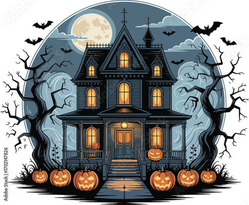 Spooky haunted house with pumpkins and bats under a full moon