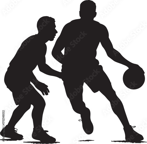 Dynamic silhouette of two basketball players dribbling and defending