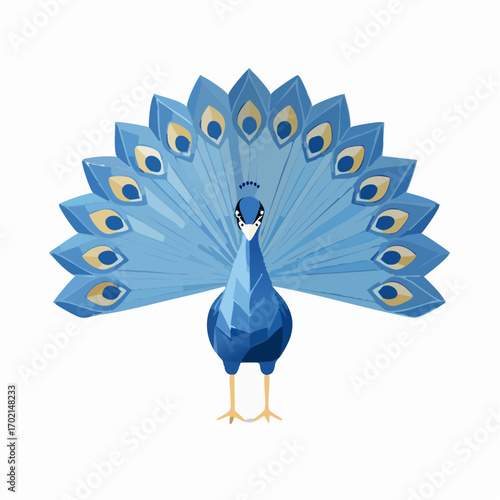 Beautiful blue peacock with fanned tail feathers, isolated on a transparent background, illustration of a majestic bird