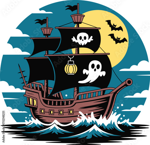 Ghost pirate ship sailing at night with bats and full moon