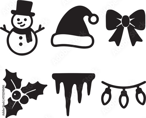 Christmas icons set snowman hat bow holly icicles lights graphic elements
