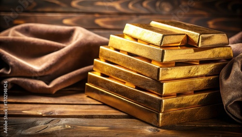 Gleaming Gold Bars Stacked on Rich Brown Silk Background