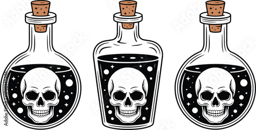 Three glass bottles with cork stoppers containing skulls and starry liquid