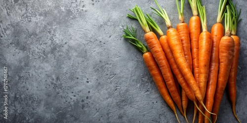 Fresh Orange Carrots with Green Tops on Gray Surface Background