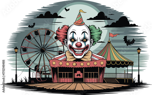 Creepy clown at night carnival with Ferris wheel and bats