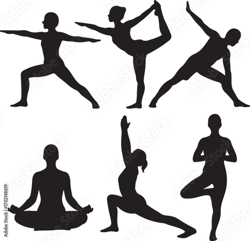 A vector illustration of a set of yoga silhouettes featuring women in various poses, perfect for sports and fitness projects