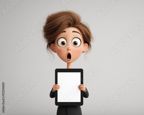 Tablet Surprise: A wide-eyed cartoon woman with a shocked expression holds a blank tablet, perfect for digital art and advertising, emphasizing technology's influence. Generative ai illustration